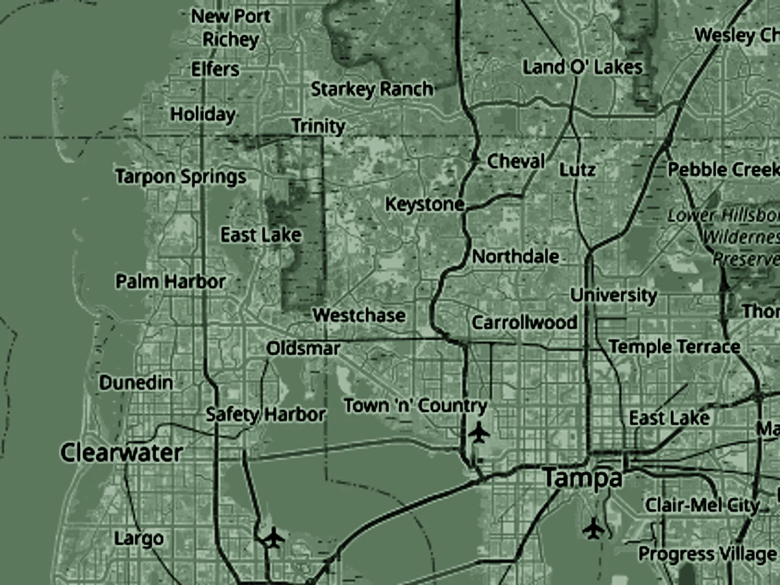 Map of Tampa Bay showing broad planning areas near Clearwater, Downtown Tampa and Ybor, USF and Temple Terrace, and Wesley Chapel and Lutz.